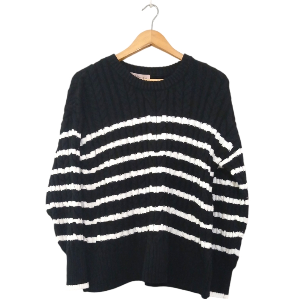 Philosophy sz M Navy Blue and White Stripe Crew Neck Cable Knit Cozy Sweater